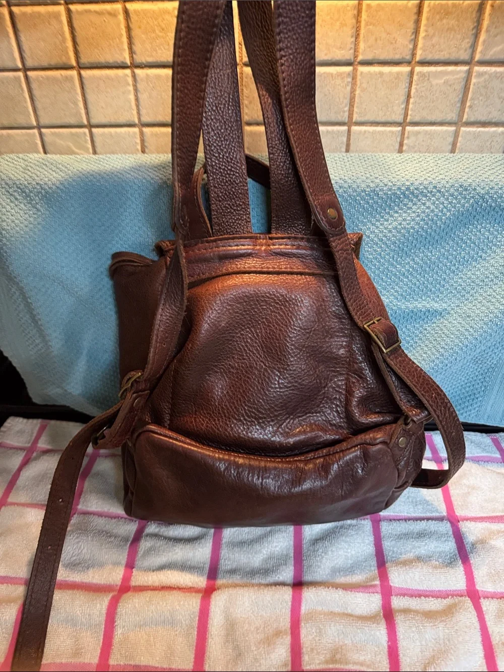 Portland Leathers Goods Bucket Backpack Brown Full Grain Leather Drawstring Bag